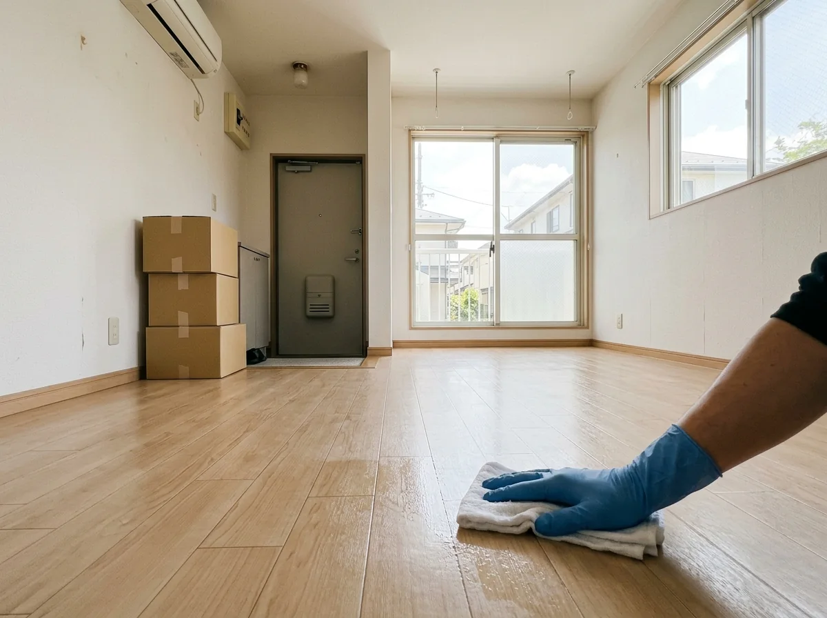 家具のない1Kの部屋で、玄関わきに段ボールを置いたまま床を拭いている様子