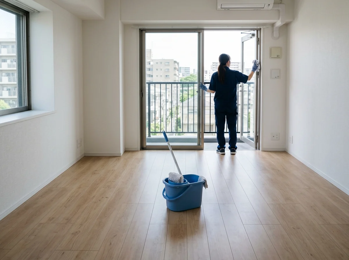 家具のない空室で、床と窓まわりを清掃している様子