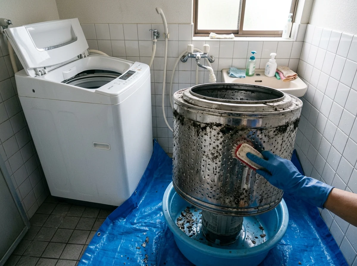 縦型洗濯機の洗濯槽を取り外し、裏側の汚れを洗っている様子